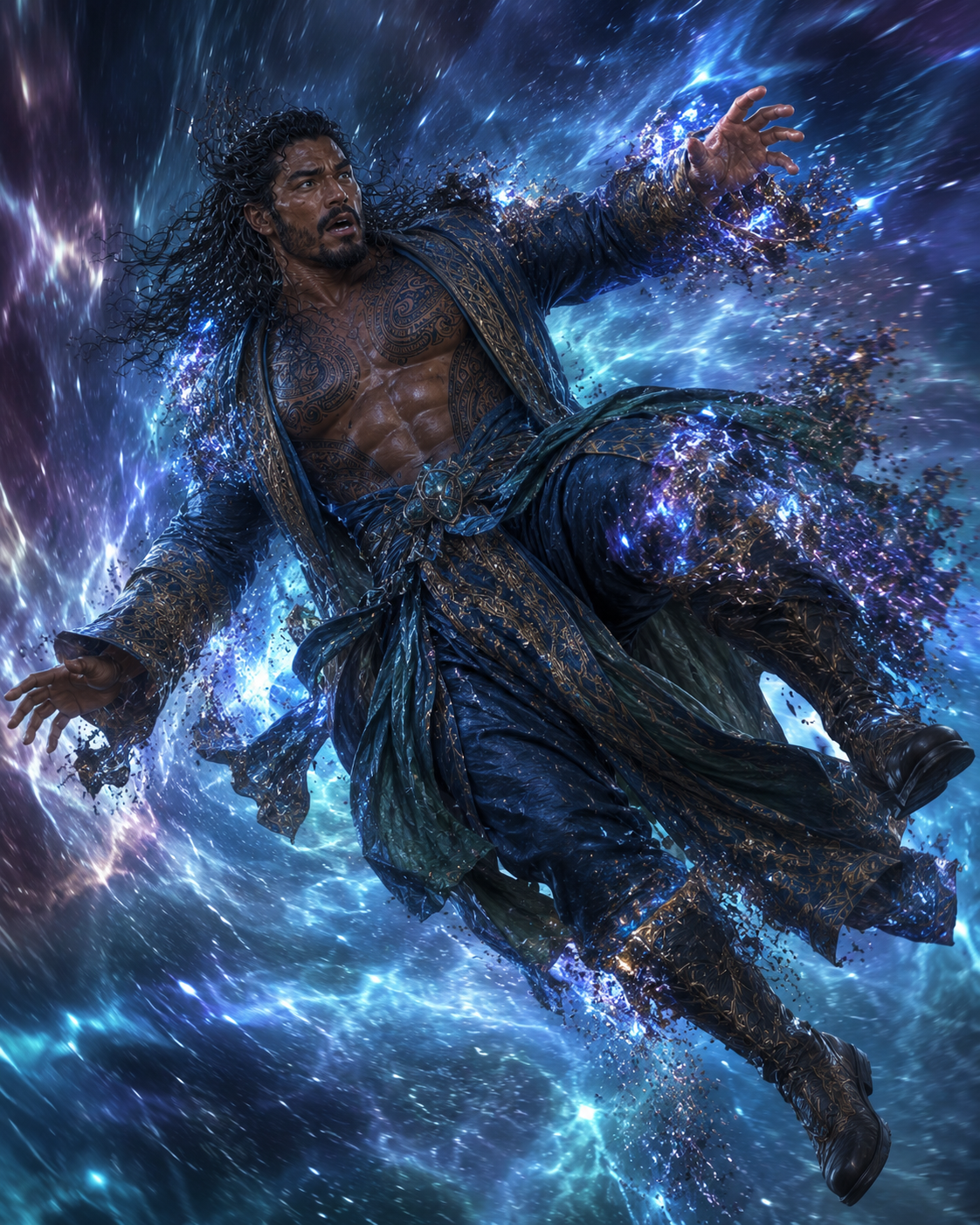 Karthos floats through an endless blue space